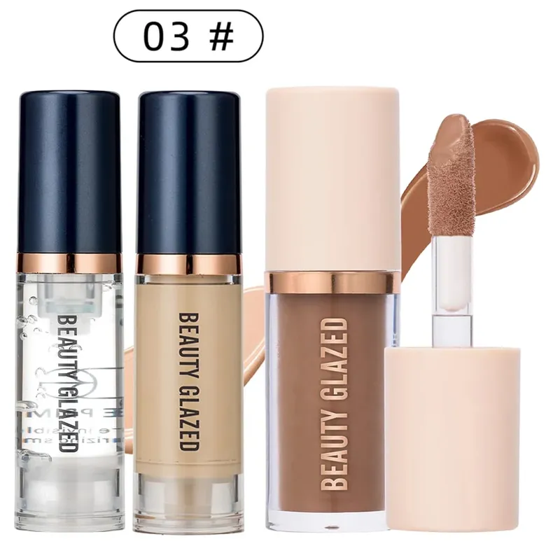 3 stk Ansigtsmakeup Sæt Flydende Foundation+Primer+ Liquid Contour Naturlig Vægtløs Langtidsholdbar Smudgeproof Bronzer