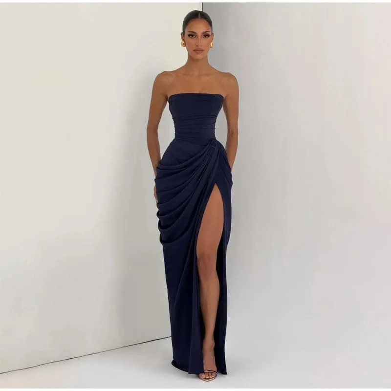 Abito da donna sexy a pieghe solido Lady Chic con spalle scoperte Senza spalline Abiti spaccati a vita alta 2026 Abito da sera estivo — image 6