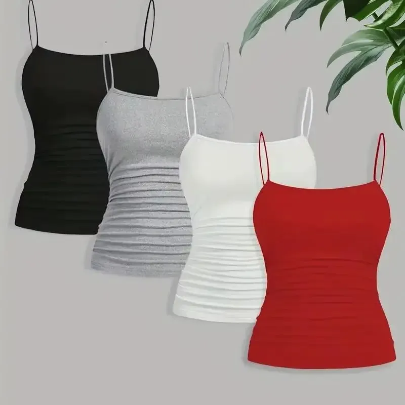 Femmes élégant mince sangle froncé Cami haut coupe ajustée sans manches Camisole doux extensible basique débardeur été sous-vêtements tendances Blac — image 10