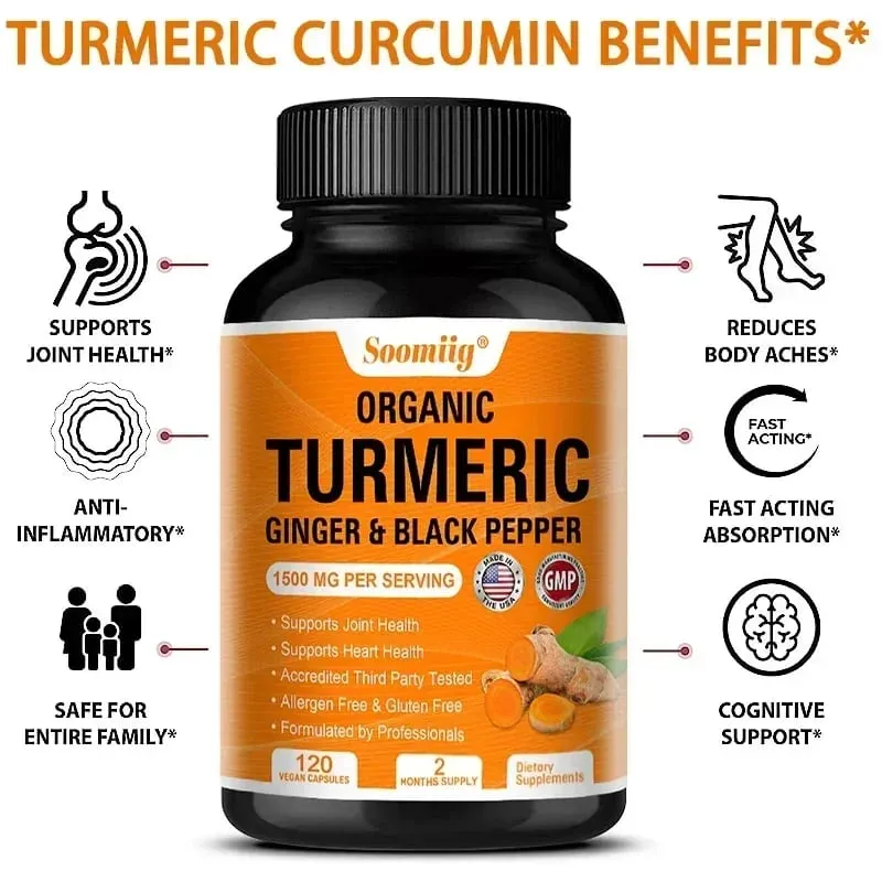 Organic Turmeric High Strength 1500 Mg | 120 Capsules with Black Pepper Ginger and Active Curcumin Joints Heart Cognition — image 3