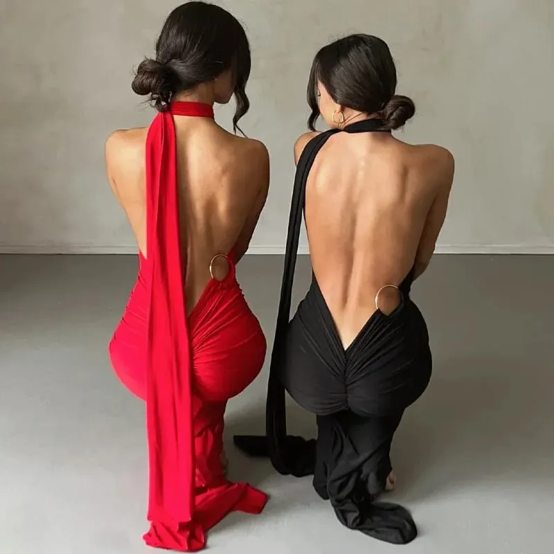 Robe longue sans manches pour femme, asymétrique épaule dénudée, écharpe réglable, boucle froncée, dos nu, moulante, tenue de fête, de Festival, robe longue élégante