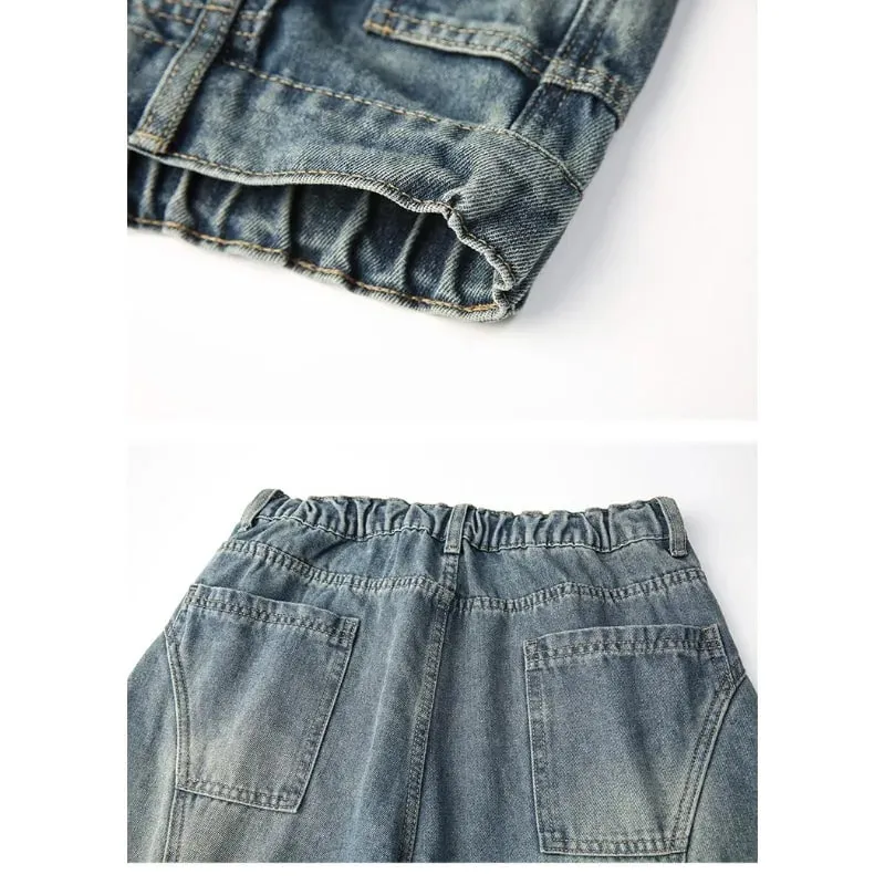 Celana Jeans Panjang Kasual Longgar Desain Berlipat Sambungan Jahitan Kontras Jeans Pedang Kaki Lebar Gaya Amerika 2026 Pria untuk Pria — image 7