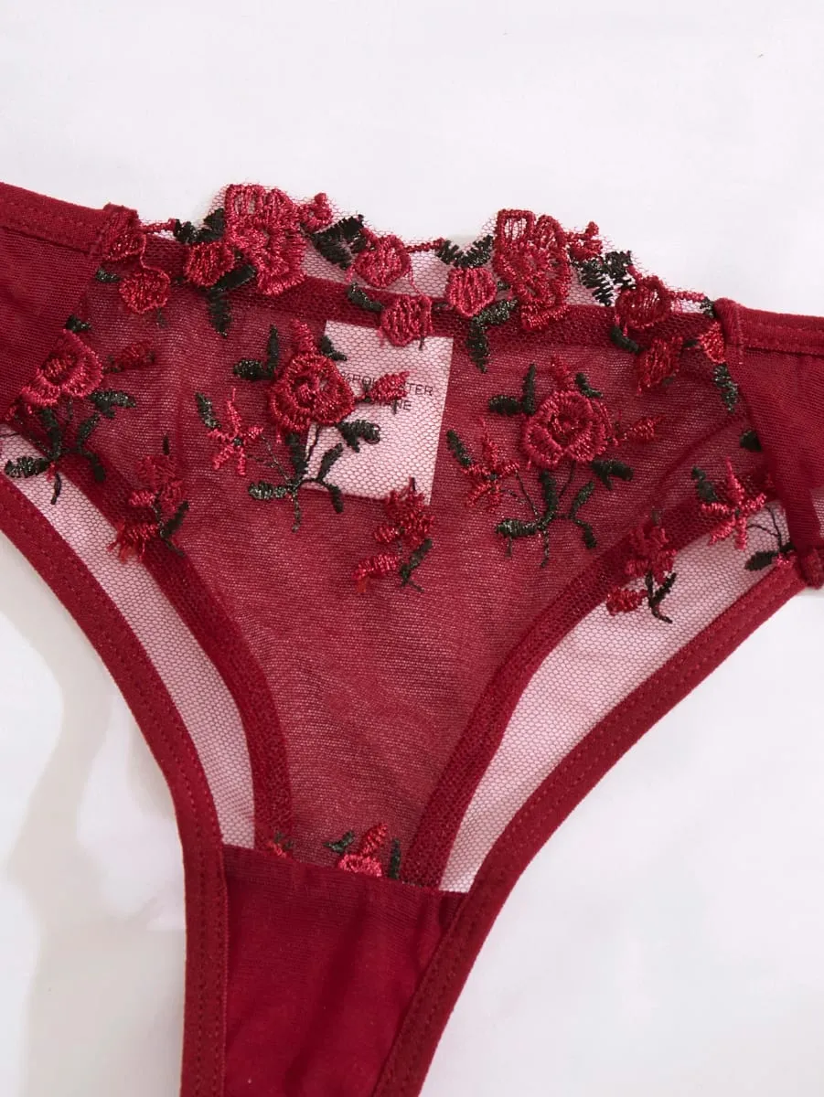 Ensemble de sous-vêtements respirants confortables semi-transparents brodés en forme de coeur rouge vin pour femme approprié ZA825026 — image 4
