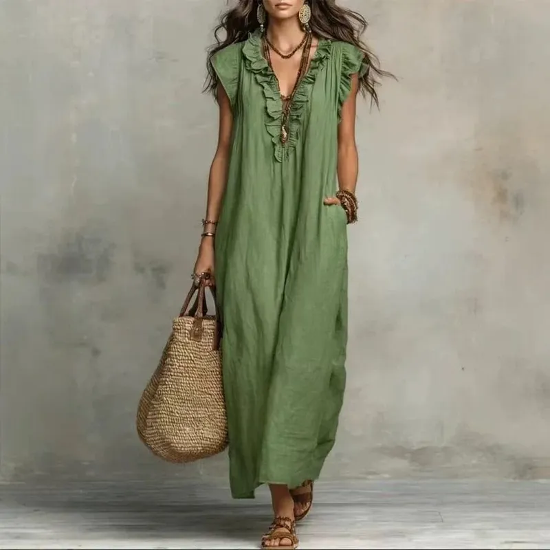 2026 Estate Donna Boho Cotone Lino Maxi Abito Tinta unita Ruffle Scollo a V Senza maniche Abiti lunghi larghi con tasche Casual Beach — image 4