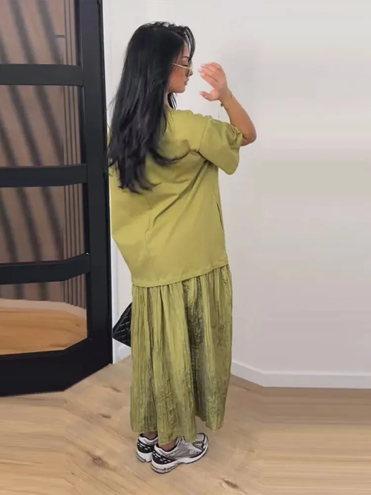 Patchwork z krótkim rękawem długa, obszerna sukienka damska elegancka, dekolt w kształcie litery "o", plisowana luźna impreza wieczorowa suknie letnia w stylu Casual, damska Vestidos — image 5