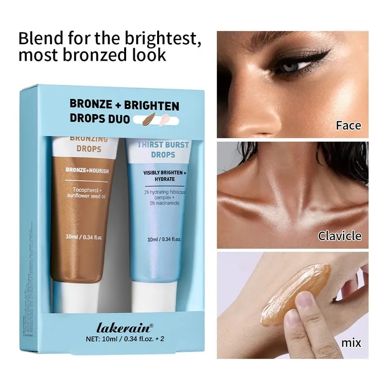 Kit duo de gouttes bronze et éclaircissantes, 2 pièces, ensemble de soins pour la peau, gouttes éclatantes et bronzantes, nourrit visiblement, éclaircit, hydrate, taille voyage, bronze
