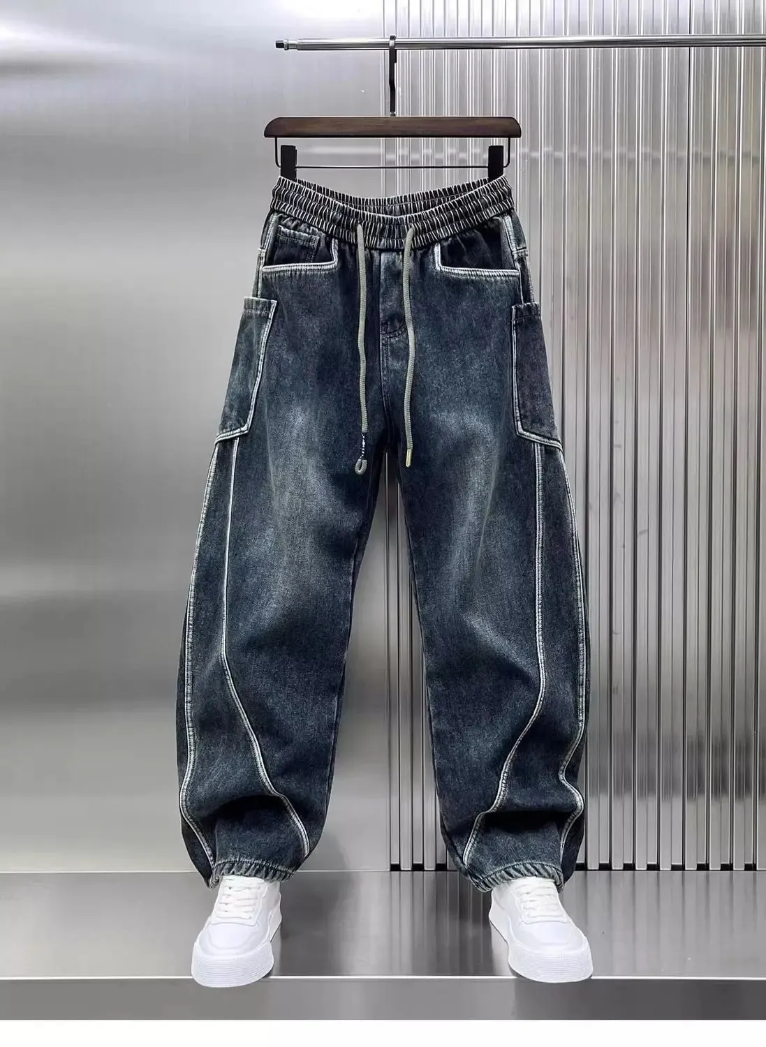 Spring Autumn 2025 New Splicing Cutting Elastic Waist Large Size Boys Washed Loose Wide Leg Big Pocket Scimitar Drawstring Jeans — image 6
