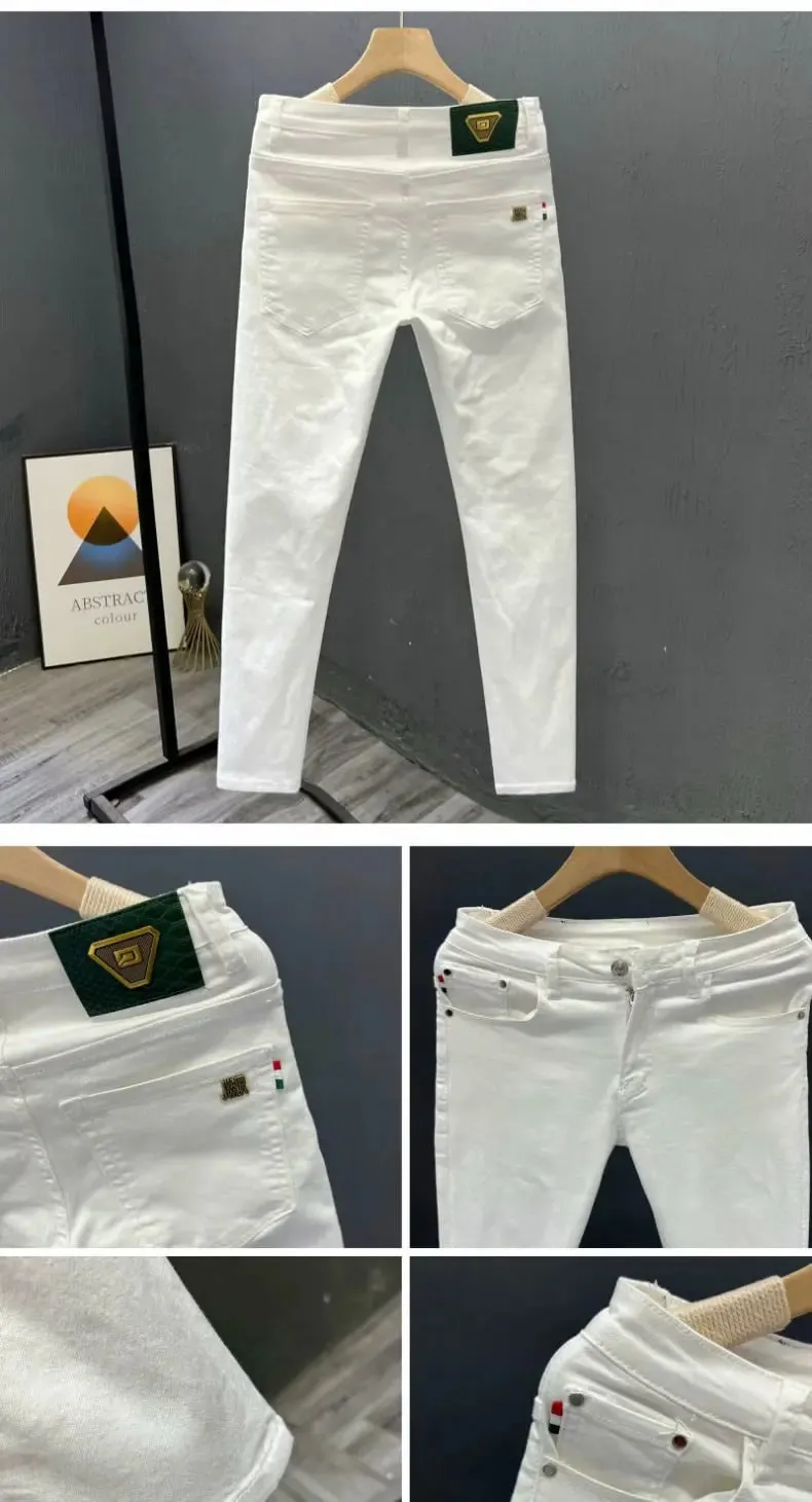 High-end Men's White Pants Simple Summer Trendy Men's Business Clothing Cotton Small-footed Jeans Slim-fitting Man Clothes Pants — image 8