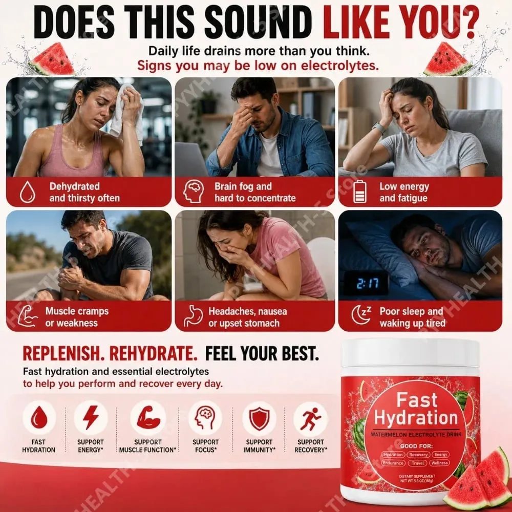 Boisson électrolytique en poudre à la pastèque avec sodium, potassium, magnésium, calcium, vitamine C B12, 30 portions, soutien quotidien à l'hydratation — image 3