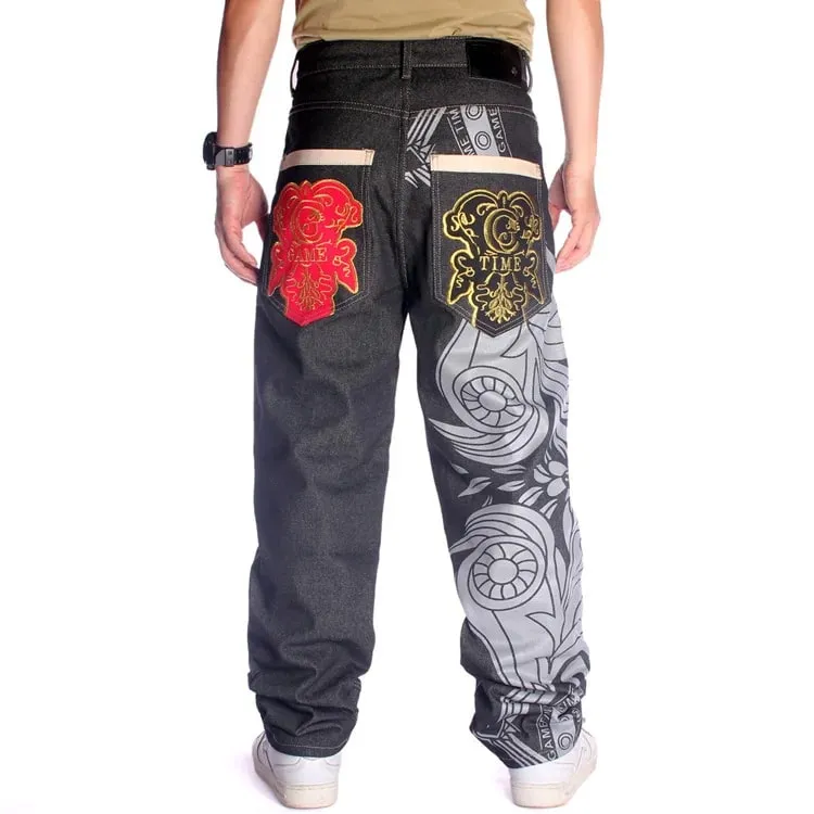 Jean imprimé en détresse pour hommes, pantalon en Denim droit, brodé, pleine longueur, délavé, taille moyenne, poches pour homme, hip hop, ample
