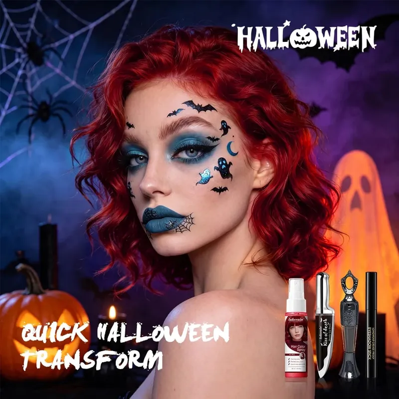 Kit de maquillage temporaire pour Halloween, 5 pièces, Spray de couleur de cheveux, bâton de peinture pour le visage et les lèvres, ensemble de maquillage pour fard à paupières et lèvres, cosmétiques de fête de Festival — image 2