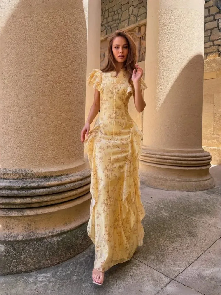 Robe imprimée florale, col montant, à volants, à plusieurs niveaux, taille cintrée, manches flottantes, été 2026, robe décontractée et délicate pour femme — image 3