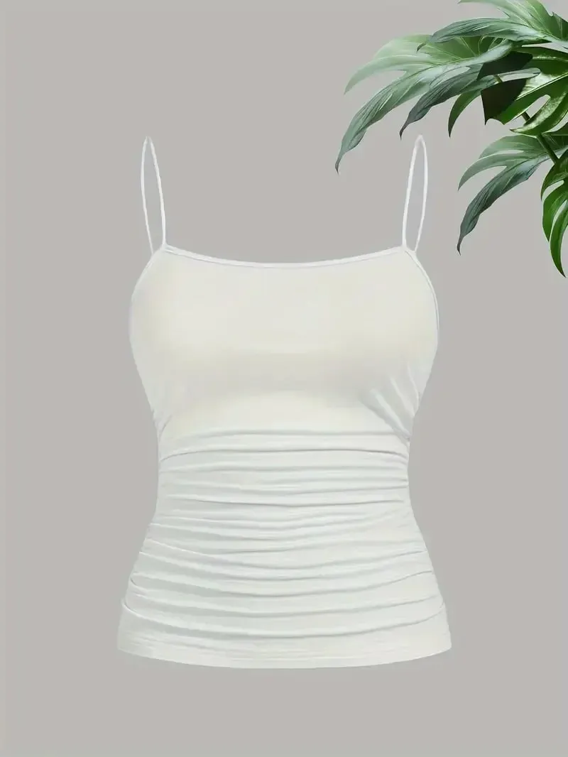 Femmes élégant mince sangle froncé Cami haut coupe ajustée sans manches Camisole doux extensible basique débardeur été sous-vêtements tendances Blac — image 7