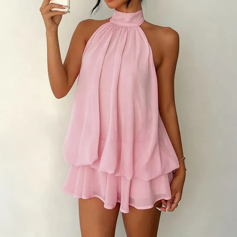 Abito allacciato in tinta unita stile francese Abito da donna senza maniche con spalle scoperte Mini abito a linea Spicy Girl Beach Vacation — image 12