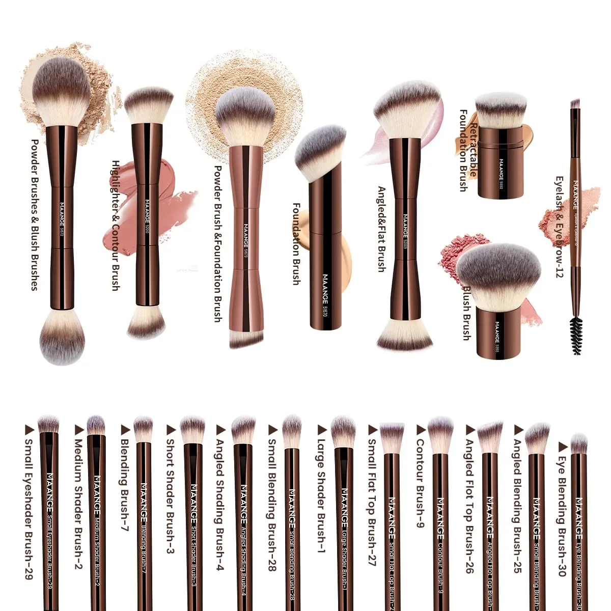 Kit Kuas Rias Pro 20 Buah Kuas dengan Tas Penyimpanan Alas Bedak Ujung Ganda Kuas Eyeshadow Blush Kit Pencampur Kecantikan — image 2