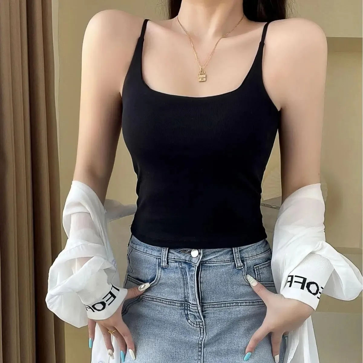Basic Solid Camis Casual Sleeveless Spaghetti Strap Crop Top Square neck Tank tops With Built In Bra y2k Summer pambabaeng Damit — image 3