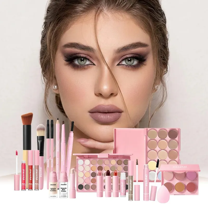 Set Solek Wajah Pembayang Mata Kontur Blush Gincu Foundation Concealer Eyeliner Eyeliner Maskara Kit Kosmetik Dengan Berus Solek — image 2