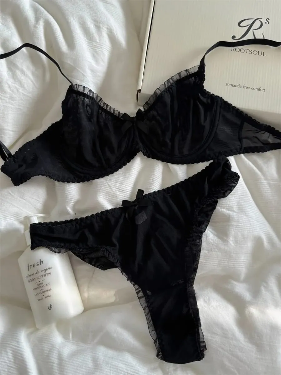 Lingerie en maille de dentelle noire, sous-vêtements, soutien-gorge fin, soutien-gorge rassemblé, gros seins, spectacle, petit ensemble de soutien-gorge — image 6
