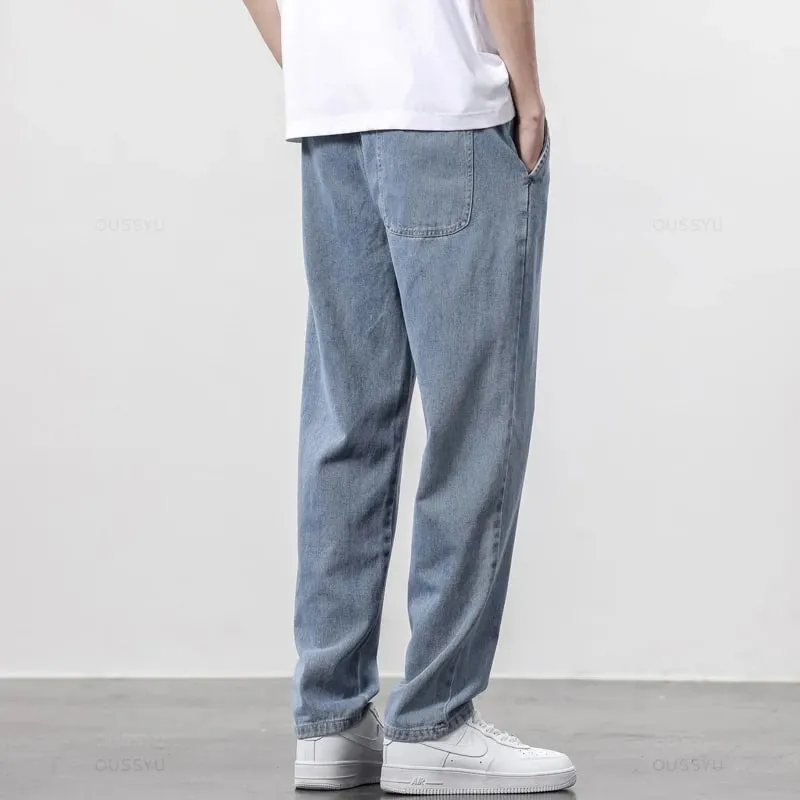 Jeans Pria Pinggang Elastis Sepenuhnya Kualitas Tinggi Celana Lurus Serut Lembut Katun Celana Panjang Kasual Korea Pria Ukuran Besar S-5XL — image 3