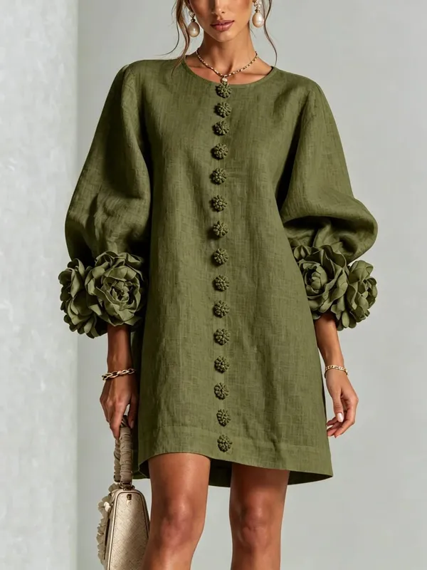 Frauen Frühling Herbst 3D Blume Lange Laterne Hülse Baumwolle Leinen Mini Kleid Solide Crew Neck Lose Elegante Tägliche Tragen Kurze kleid — image 12