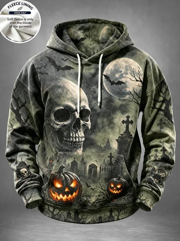 Men Fleece Lined Hoodie Halloween Skull Graveyard Pumpkin Print Pullover Hooded Sweatshirt Top — image 4