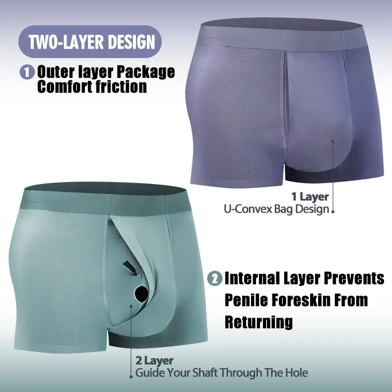 Men's Breathable Underwear Front Open Hole with Adjustable Ring Sheath Boxers Foreskin Long Therapy Enhanced Man Boxers Briefs — image 17
