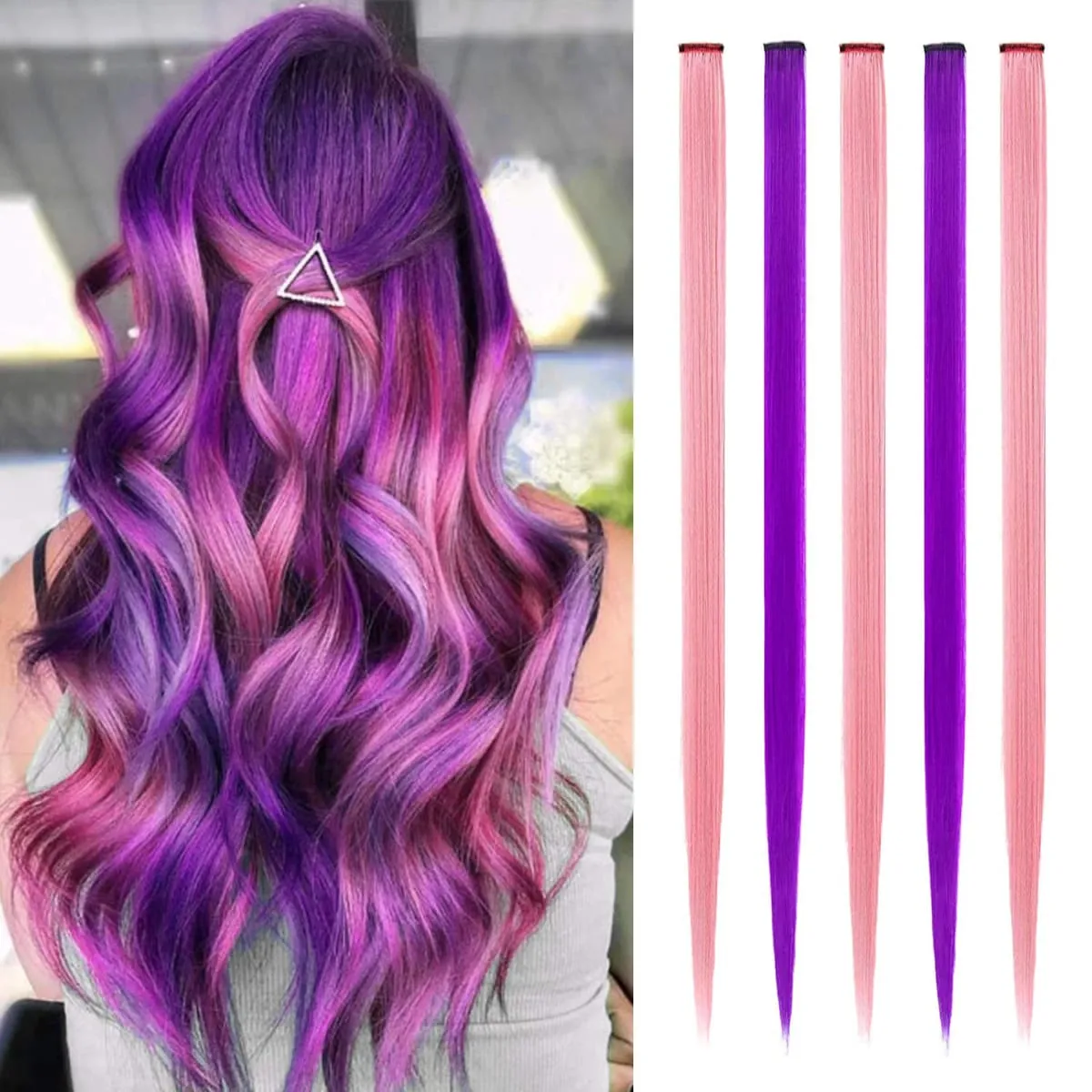 5Pcs Colored Synthetic Hair Extensions Rainbow Party Highlights Clip in Hair Extension for Christmas Girl Women Gift — image 7