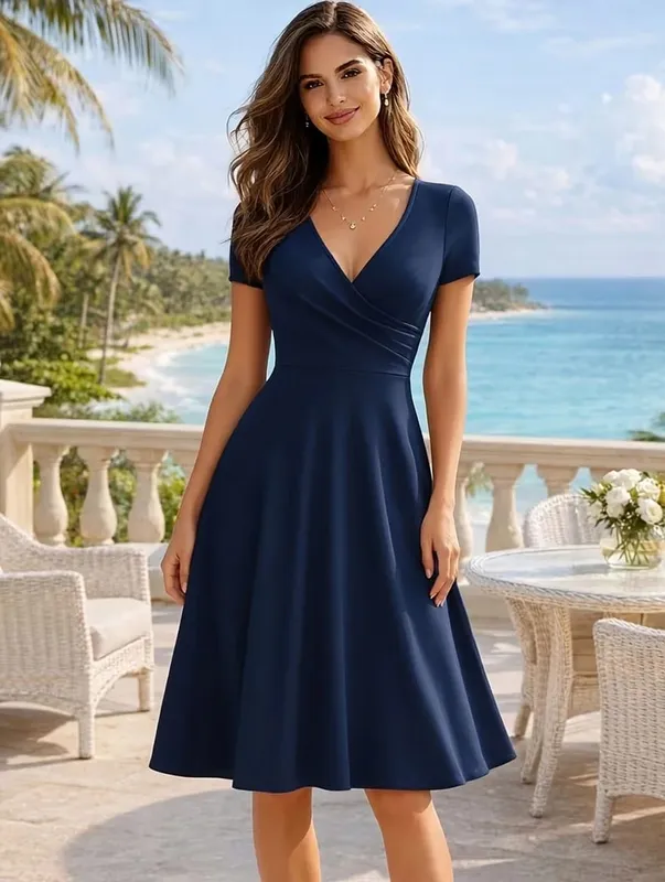 Damen-Kleid, elegant, Rundhalsausschnitt, Sommer, kurzärmelig, einfarbig, A-Linie, knielang, Kleid mit hoher Taille, für Party, Hochzeit, lässiger Abgang — image 10