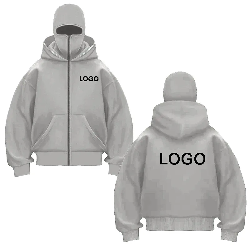 Desain DIY Hoodie Ritsleting Berkerudung Ganda Kaus Ritsleting Lengan Panjang Cetak Kustom Pria Jaket Pullover Masker Ninja Wanita — image 4