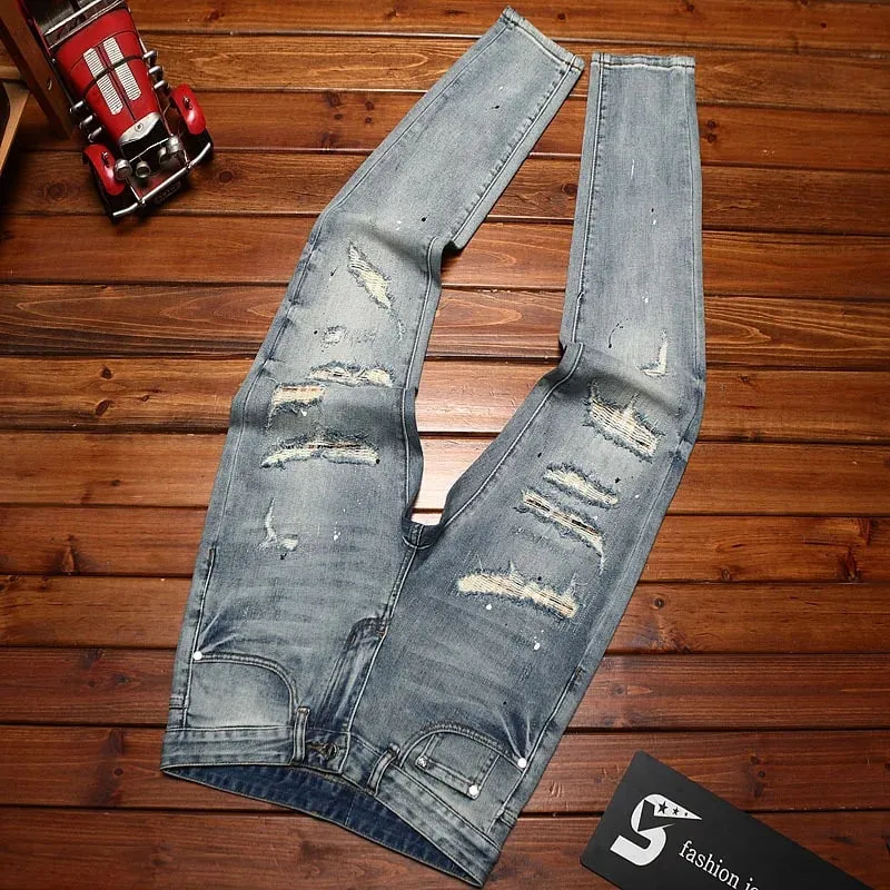 Zerrissene Patch-Jeans für Herren, abgenutzt und abgenutzt, schmal geschnitten, für den Sommer, kleine Füße, elastisch, modisch, nostalgisch, lange Hose im Retro-Stil — image 4