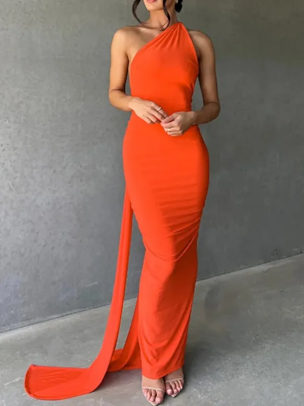 Pakaian Neon Y2K Satu Bahu Tanpa Lengan Tanpa Belakang Tanpa Belakang Ruched Bodycon Gaun Maxi untuk Pesta Hari Lahir Kelab Wanita Prom Petang — image 13
