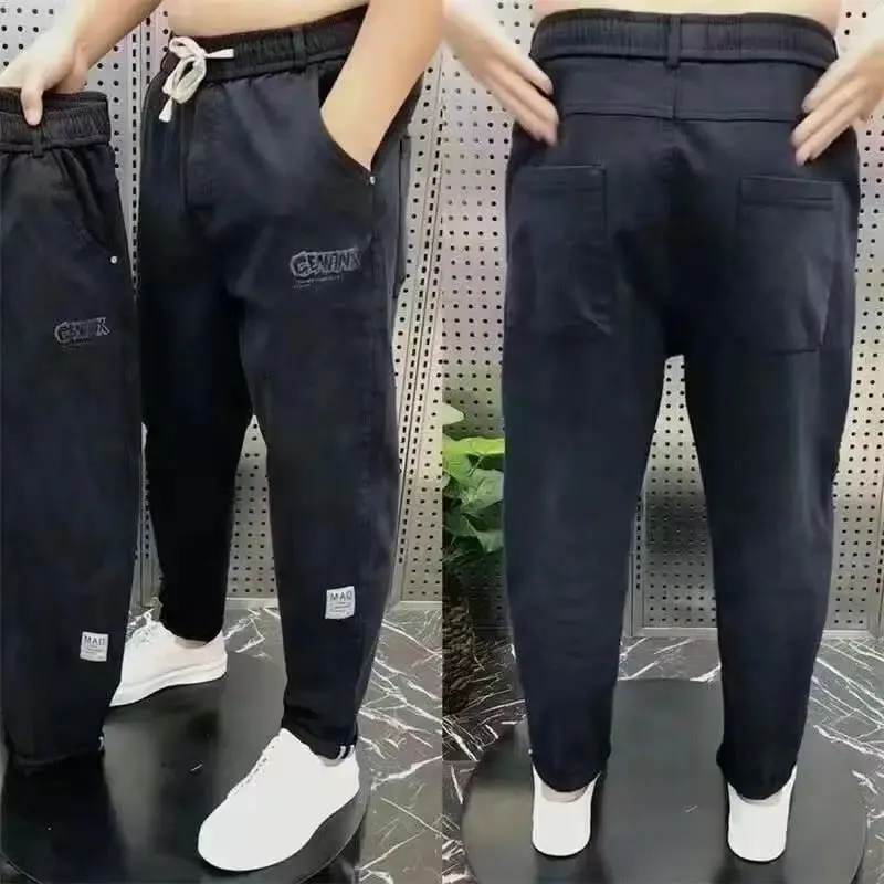 Harajuku Stretch Korea Streetwear Loose Solid Denim Jeans Elastic Waist for Men Spring Summer New plus size 7XL 8XL Casual Pants — image 11