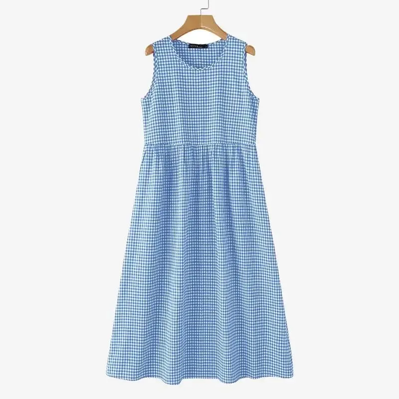 Abito estivo scozzese a quadri senza maniche Abiti da festa Bohemain Abito elegante da donna con scollo a O Abiti da lavoro larghi casual — image 8