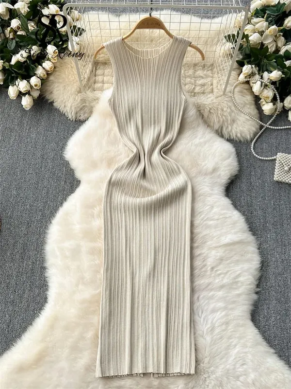 Pakaian Panjang Sarung Wanita O Leher Tanpa Lengan Pejal Berlipat Berkait Berkait Fesyen Elastik Bertali Elegan Pakaian Bodycon Seksi Retro — image 5