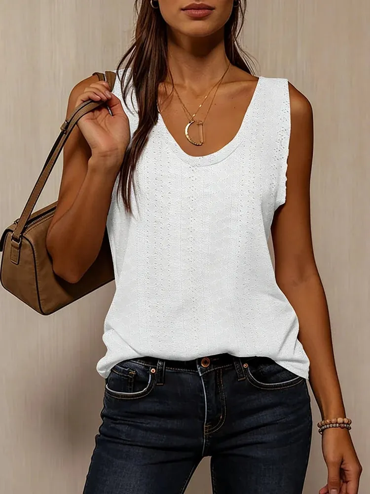 Damen-Tanktop für Frühling und Sommer, weiß, V-Ausschnitt, ärmellos, perforierte Textur, entspannt, frisch, elegant, täglich, lässig — image 2