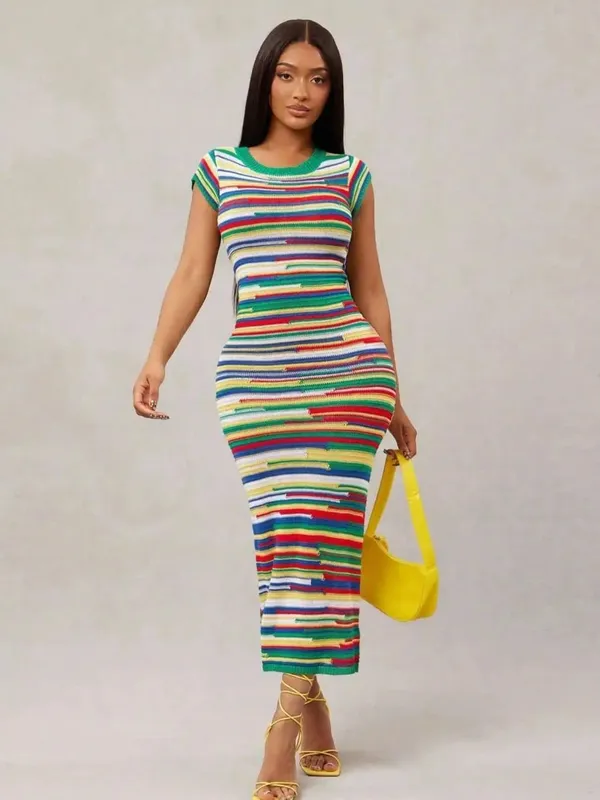 Multi-color rainbow-striped knitted round-neck short-sleeved dress suitable for various daily outfits elegant and casual women