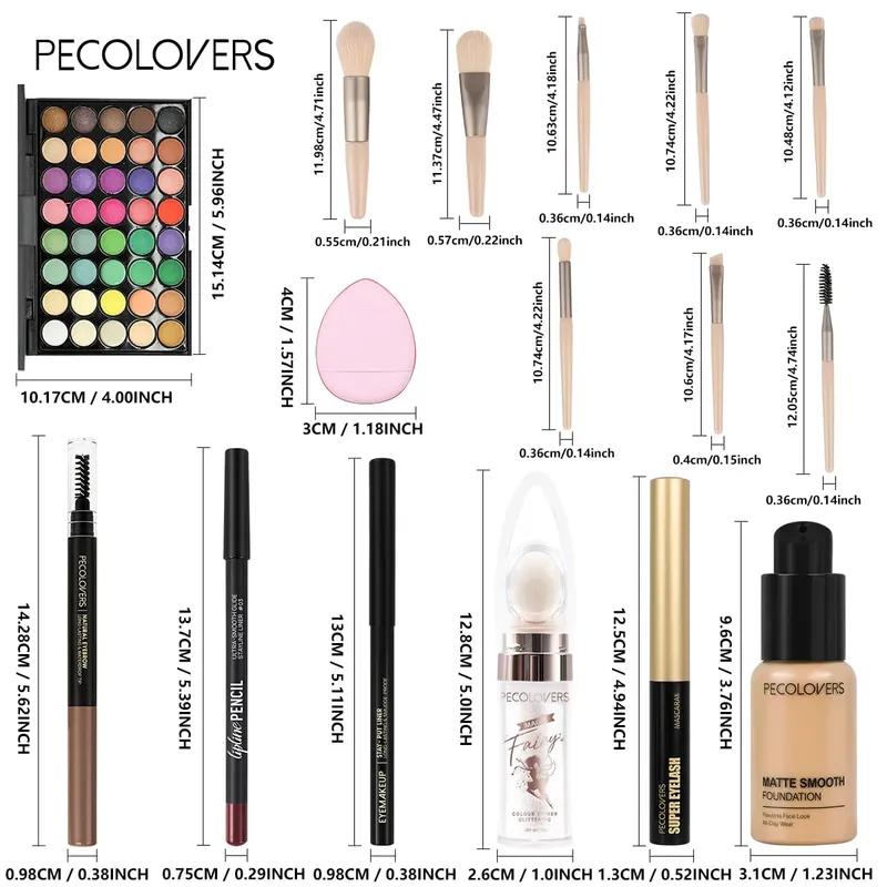 16PCS/SET Bright Multicolor Eyeshadow Long Lasting Foundation Primer Eye Lip Makeup and Soft Makeup Brushes for Party Looks