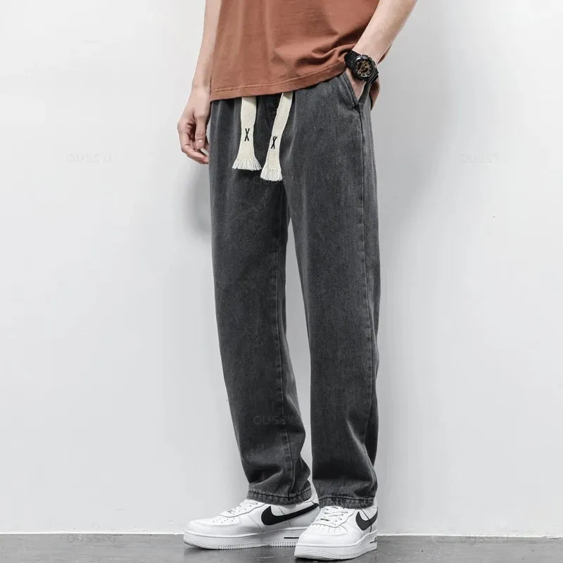 Jeans Pria Pinggang Elastis Sepenuhnya Kualitas Tinggi Celana Lurus Serut Lembut Katun Celana Panjang Kasual Korea Pria Ukuran Besar S-5XL