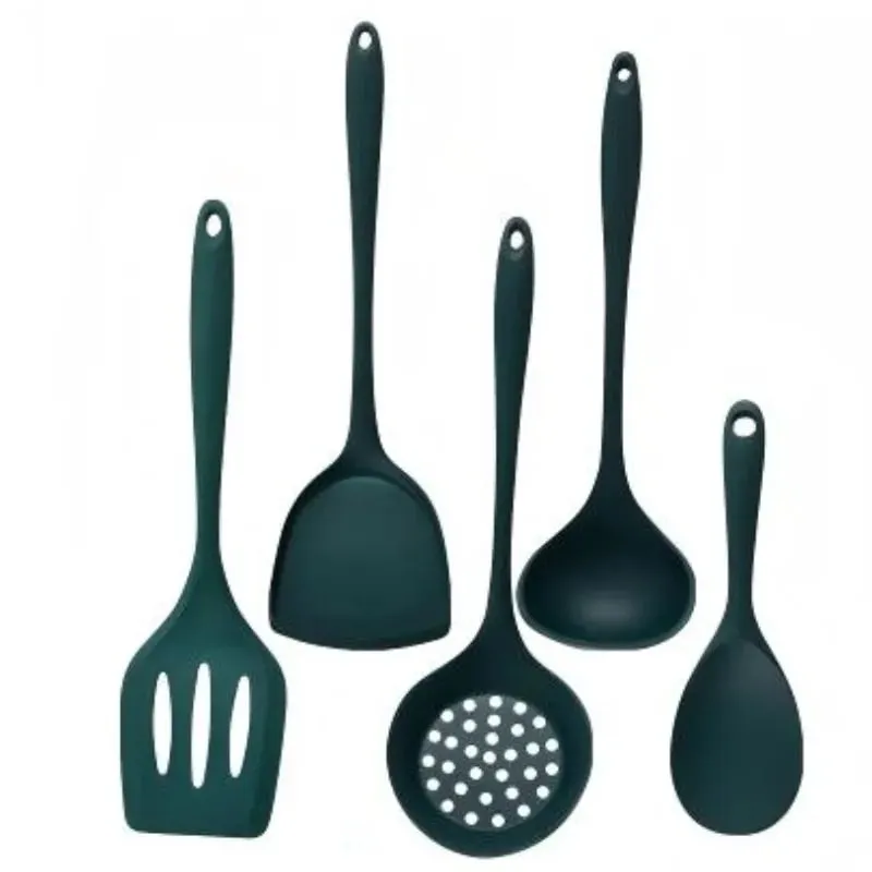 5 pezzi utensili da cucina in silicone per uso alimentare set spatola antiaderente resistente al calore mestolo cucchiaio a fessura strumenti di cottura verde — image 5
