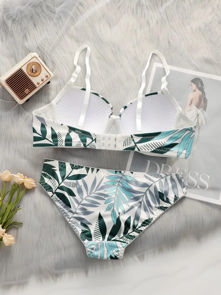 Set Seluar Dalam Seksi Wanita Perhimpunan Tarik Cincin Baja 3/4 Cawan Daun Bercetak Set Seluar Dalam A2137 — image 6