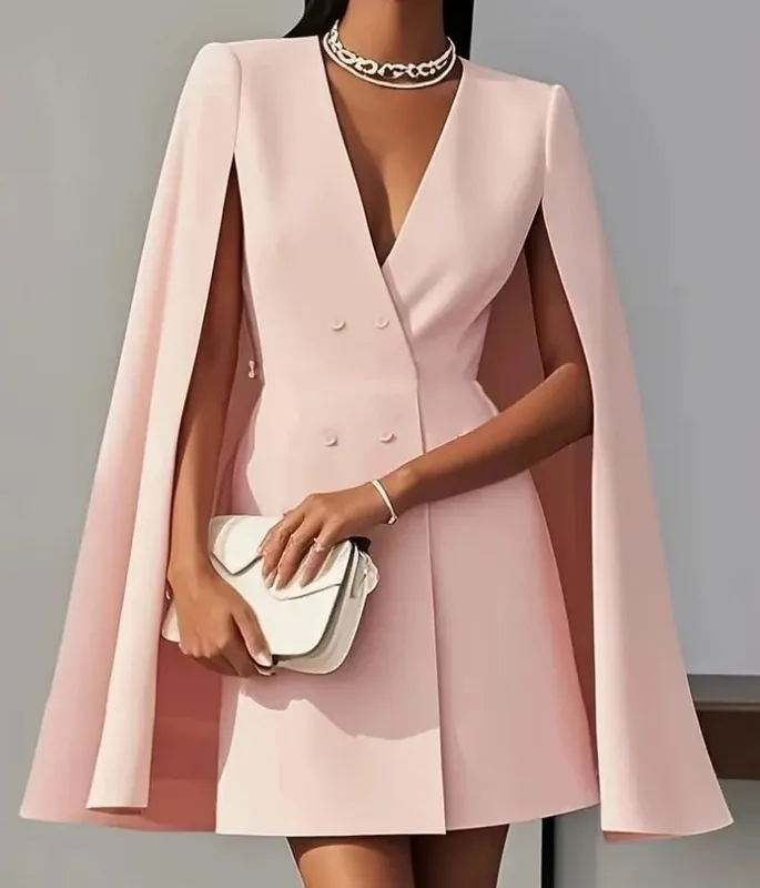 Frauen Kleider 2025 Frühling Herbst Neue Pendeln Zweireiher Schal Cape Einfarbig V-ausschnitt Mini Kleid frauen Kleidung — image 6