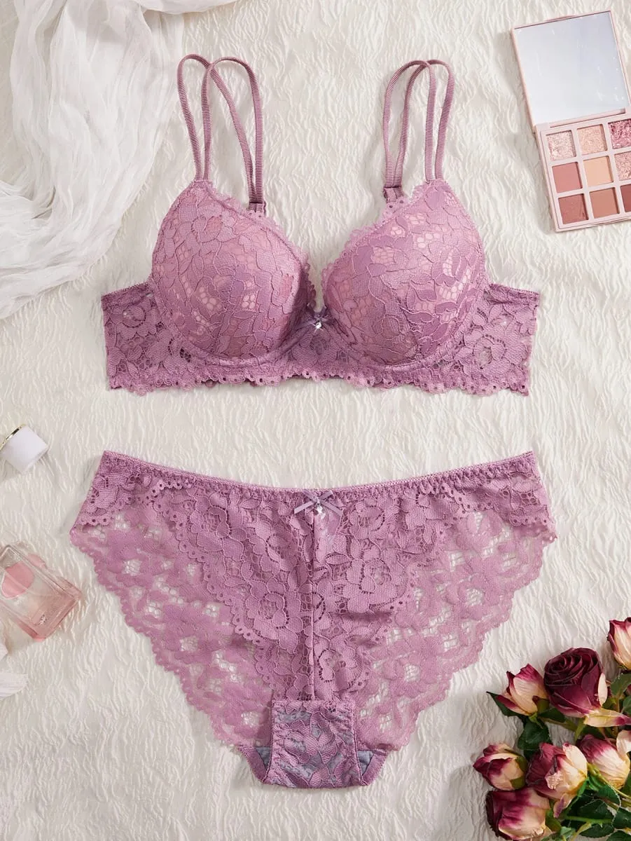 Set Lingerie Seksi Wanita Renda Tambal Sulam Warna Polos Ikatan Simpul Berlian Imitasi Hiasan Push-Up Tali Bahu Ganda Tidak Bergaris Pakaian Dalam Nyaman Celana Dalam Renda Semi Transparan Bernapas — image 3