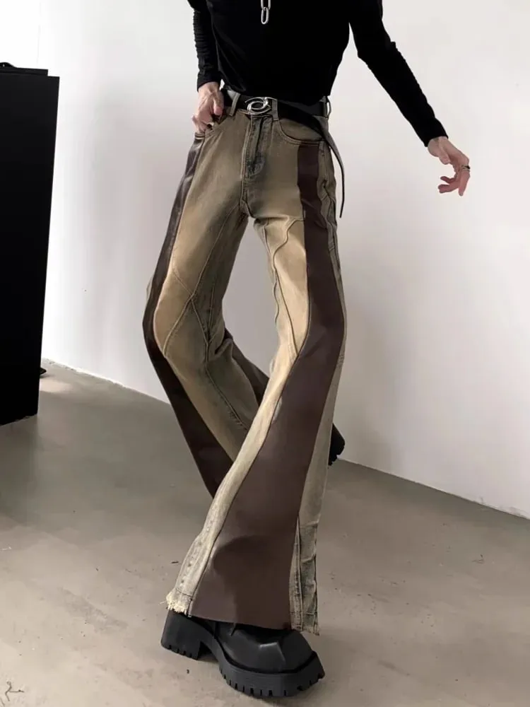 Trashy Y2K 2000S Pu skórzany patchworkowy wąskie dżinsy rozkloszowane spodnie dla mężczyzn 90S ubrania vintage Colorblock spodnie dżinsowe Moda Hombre — image 5