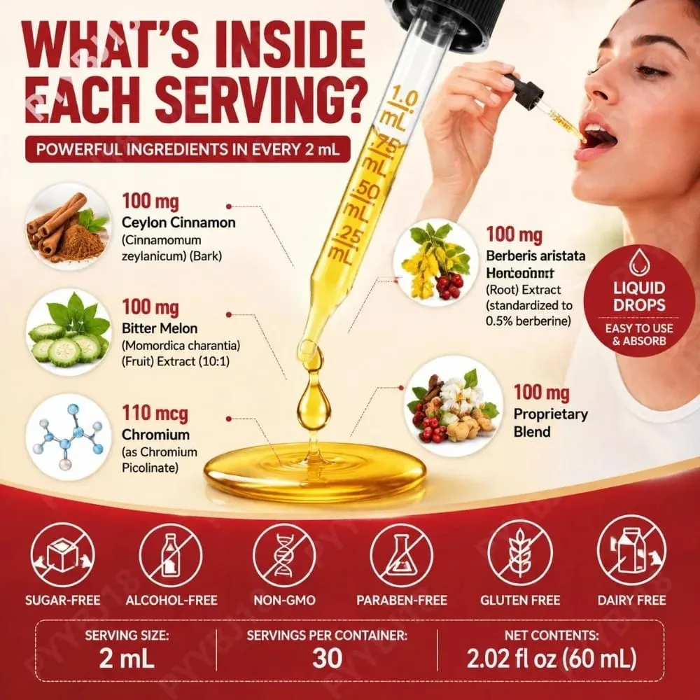 Berbérine Gouttes Liquides Chrome & Cannelle de Ceylan Soutient la Vitalité Bien-être Métabolique Santé Digestive Sans Sucre Sans OGM 60 ml — image 6