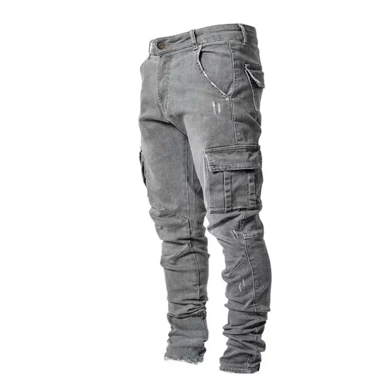 Jean élastique de rue pour hommes, pantalon Cargo en Denim, couleur unie, multi-poches, décontracté, taille moyenne, coupe cintrée, tenue quotidienne, jogging — image 11