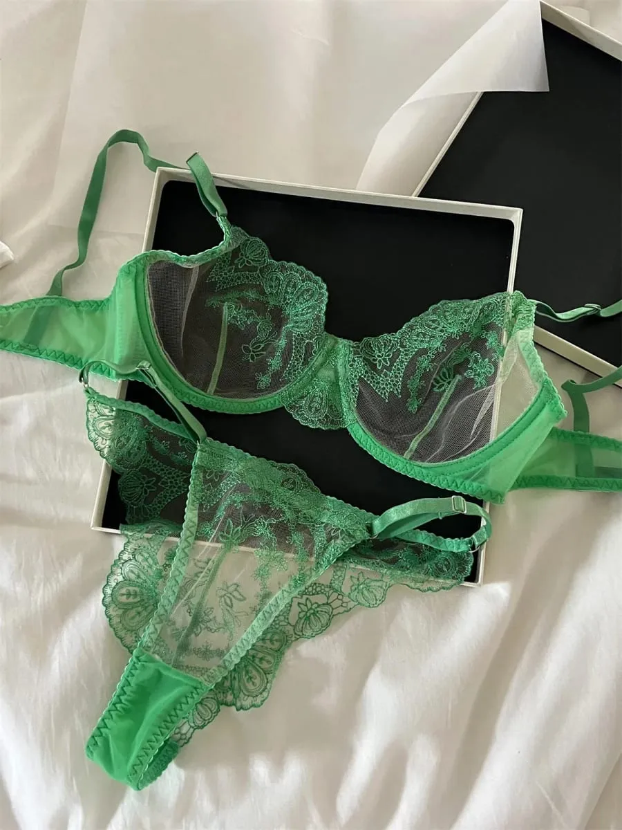Sexy Lace Push Up Bra Set Transparent Triangle Cup & Romantic Green Lace Underwear for Women — image 4