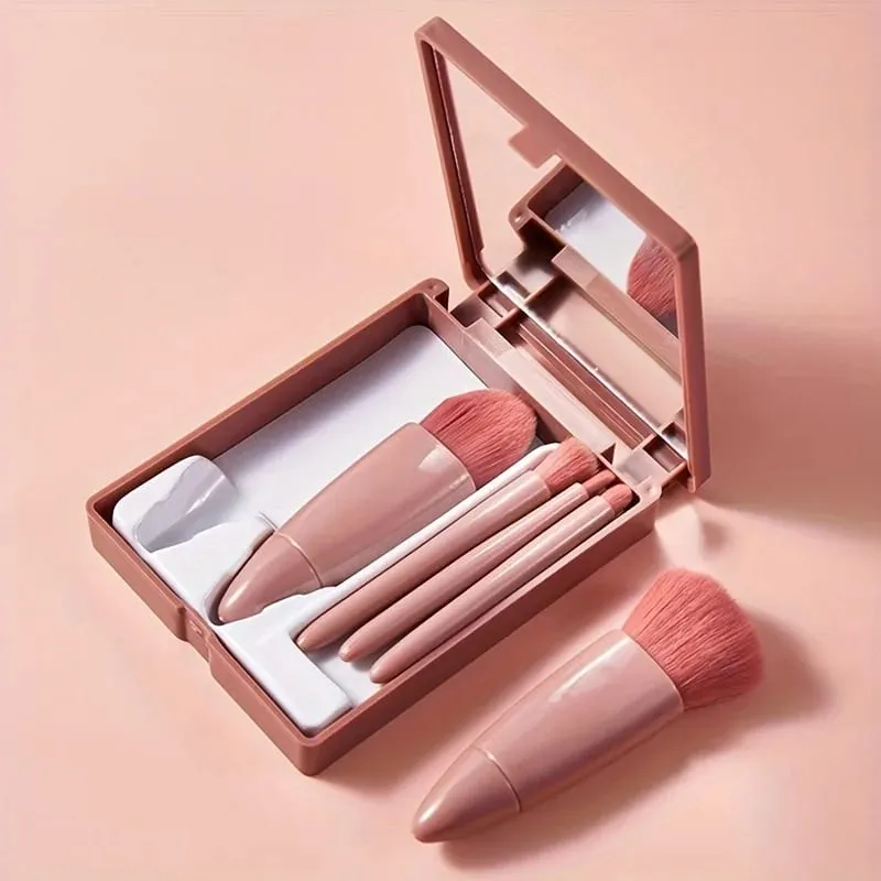 5pcs Mini Makeup Brush Set with Mirror - Multifunctional Travel Cosmetic Brushes Unscented Palm Brush Design Makeup Tools — image 5