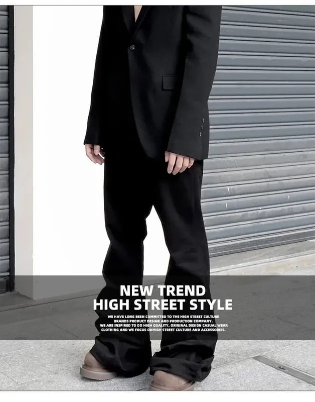 Ribbons Slightly Stretch Baggy Flared Jeans for Men High Street Black Color Boom Cut Oversized Casual Denim Trousers
