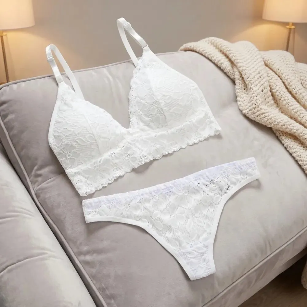 Set reggiseno con fiori in pizzo con scollo a V, perizoma in tinta unita floreale, kit reggiseno con mutandine a vita bassa, intimo in pizzo, regalo di San Valentino — image 5