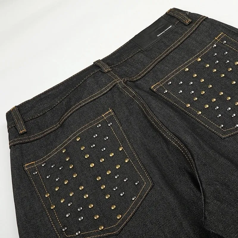 Jeans Denim Mentah Lebar Kaki Lelaki Hiasan Rivet Poket Belakang Labuh Berikat Cetak Pakaian Jalanan Punk Seluar Panjang Lurus 9X4317 — image 4